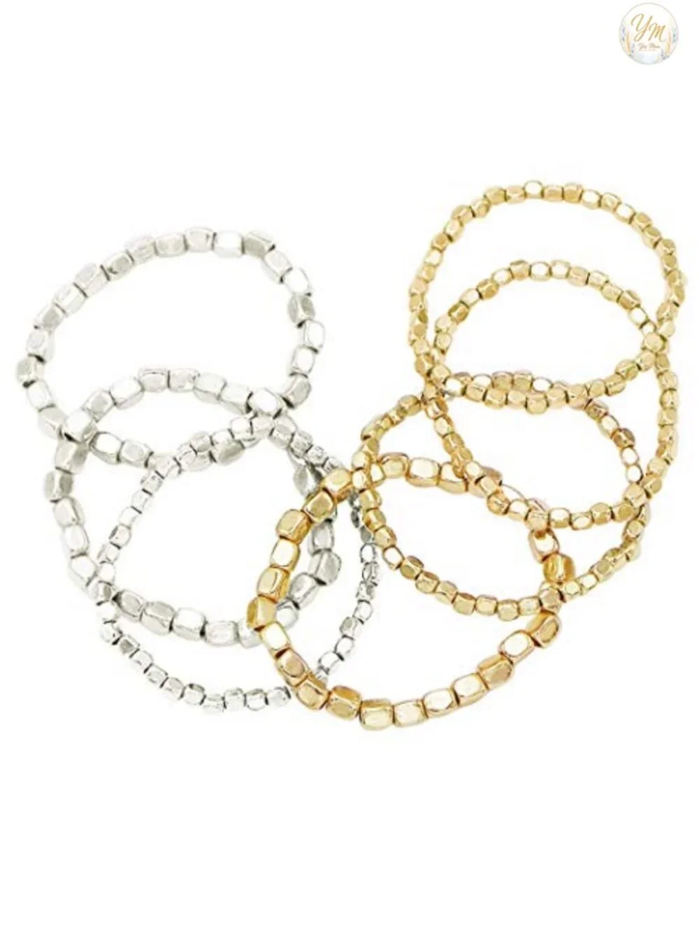 Chunky Multi-Strand Stretch Bead Bracelet Set of 7 - Silver & Gold Stack